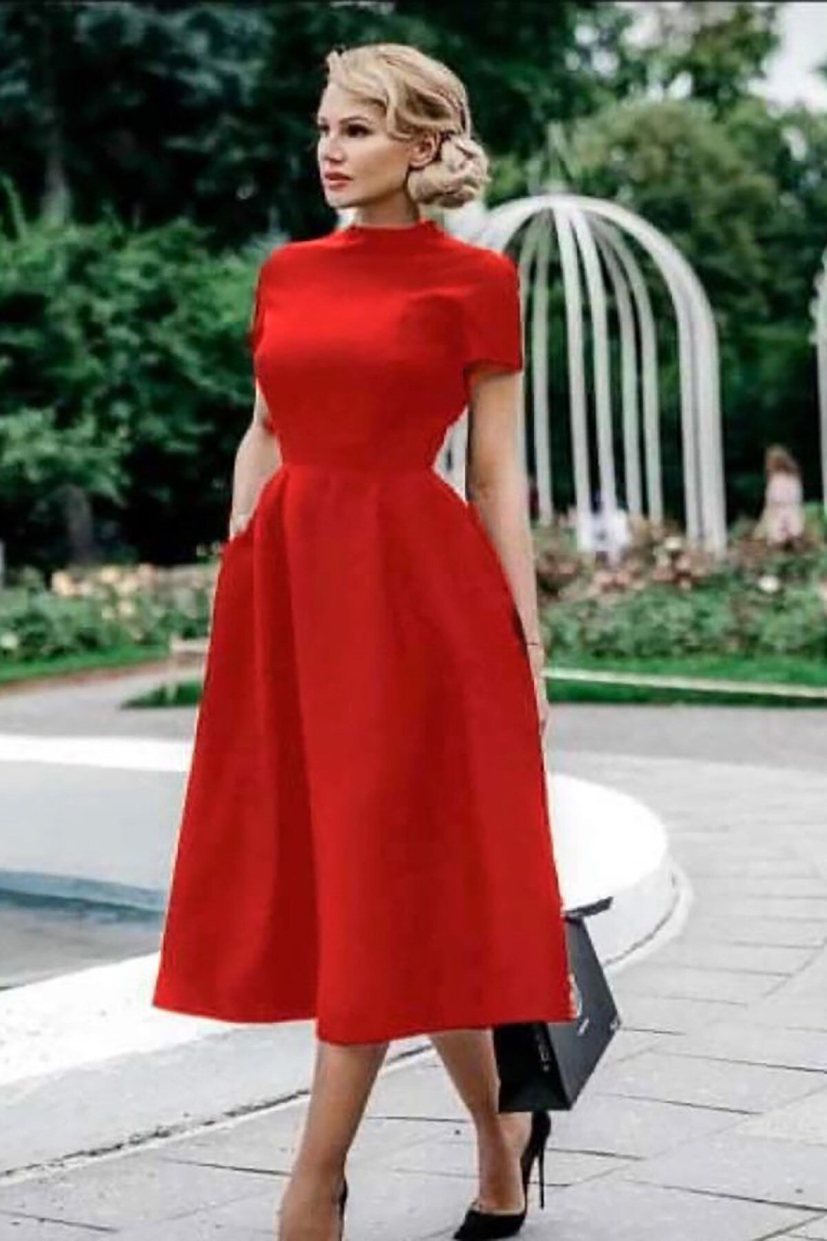 Deafox Kırmızı Kısa Kollu Cepli Uzun Krep Kumaş Midi Elbise