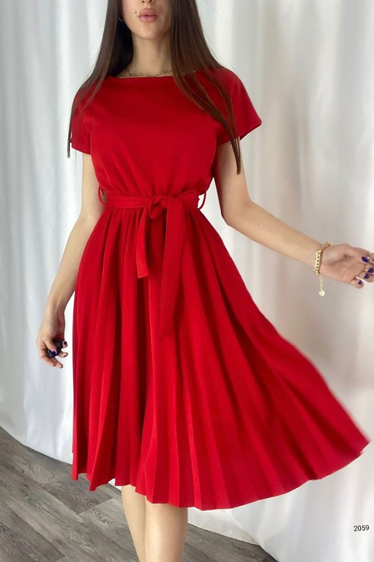 Deafox Kırmızı Krep Kumaş Pliseli Midi Elbise