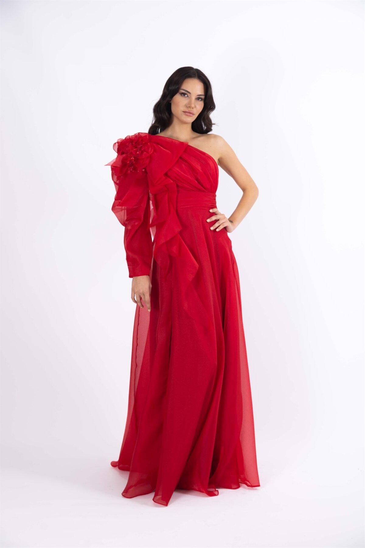 Egelin Tek Omuzlu Kırmızı Uzun Drapeli Helen Abiye Elbise