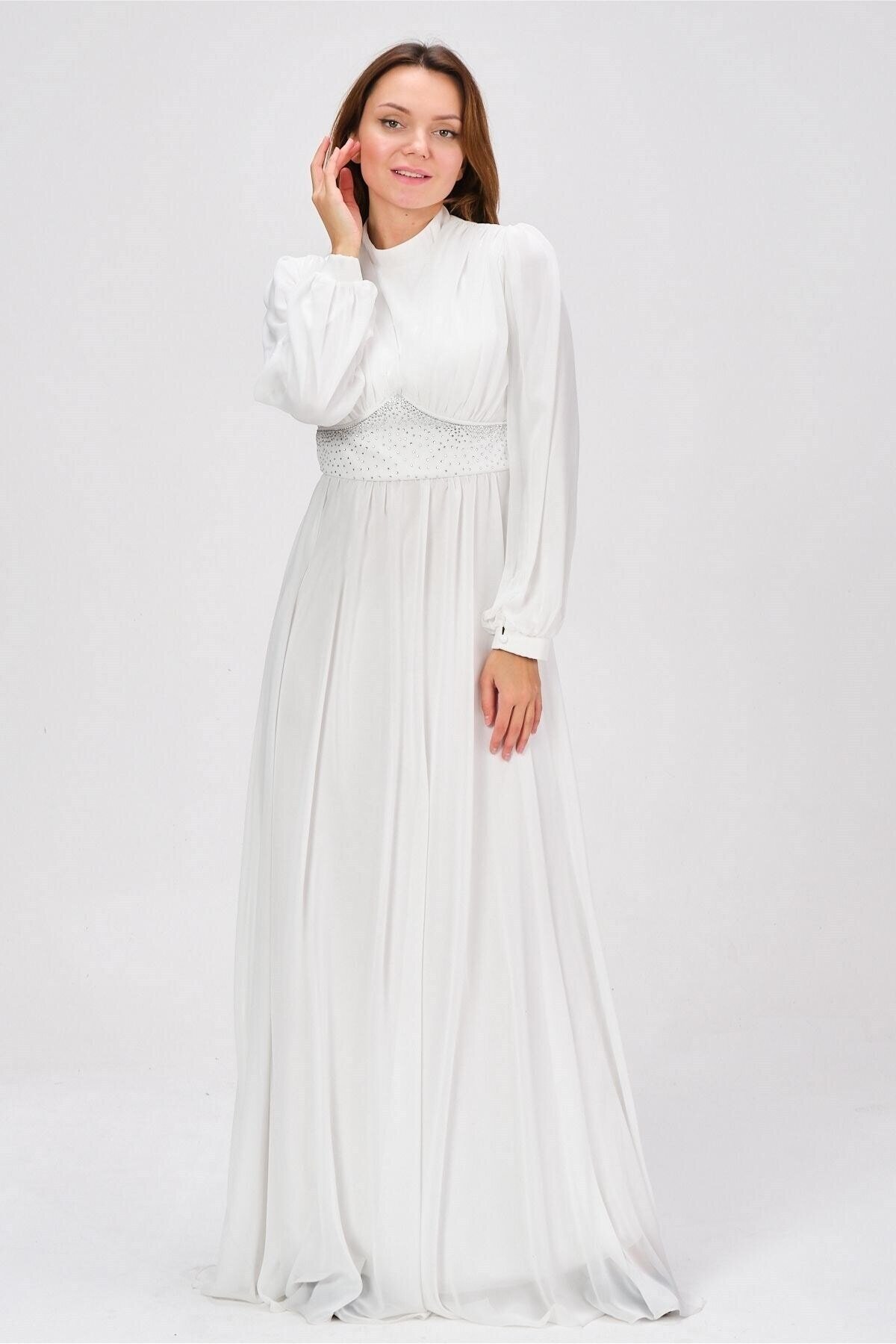 Mylace Ekru Beli Taş İşlemeli Pile Detaylı Şifon Abiye Elbise