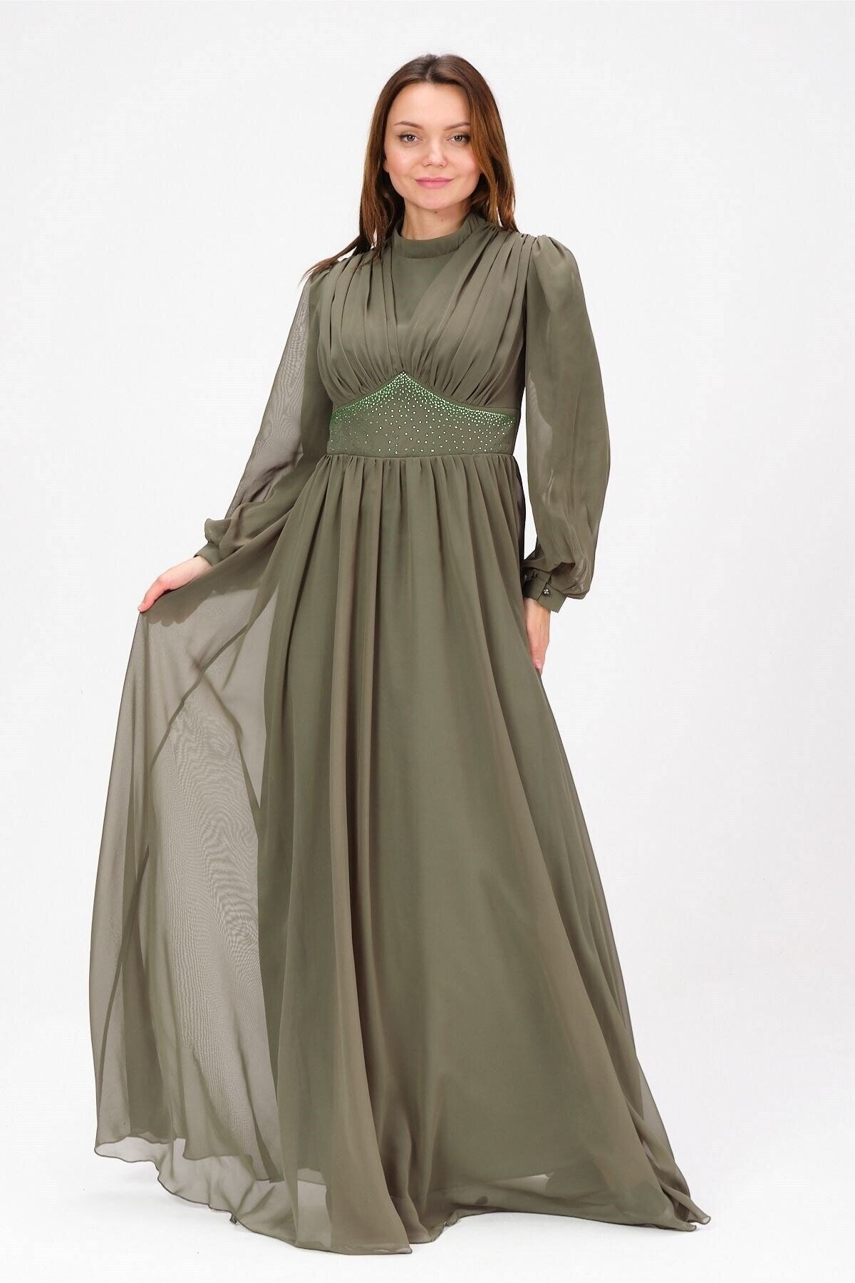 Mylace Haki Beli Taş İşlemeli Pile Detaylı Şifon Abiye Elbise