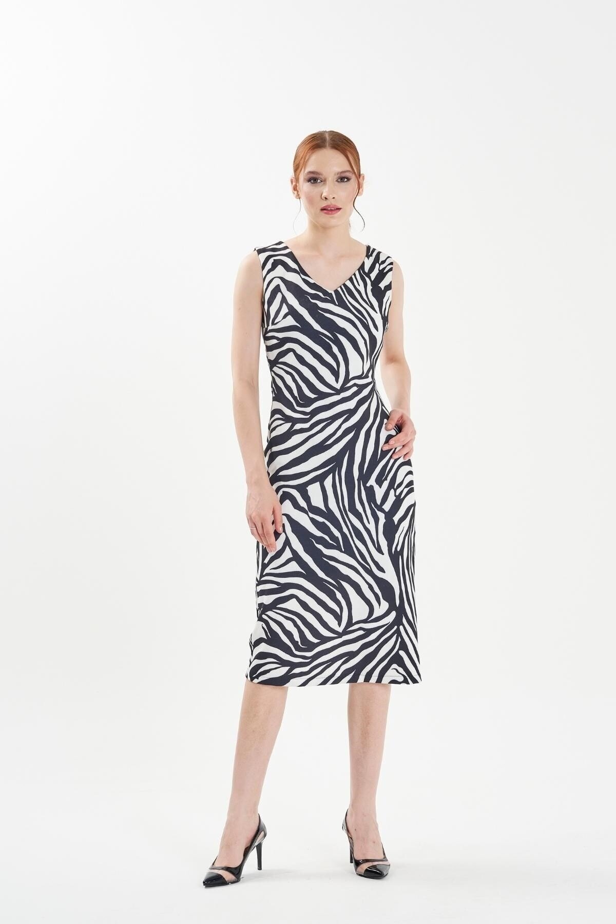 Mylace Leopar Zebra Desen V Yaka Yırtmaçlı Midi Elbise