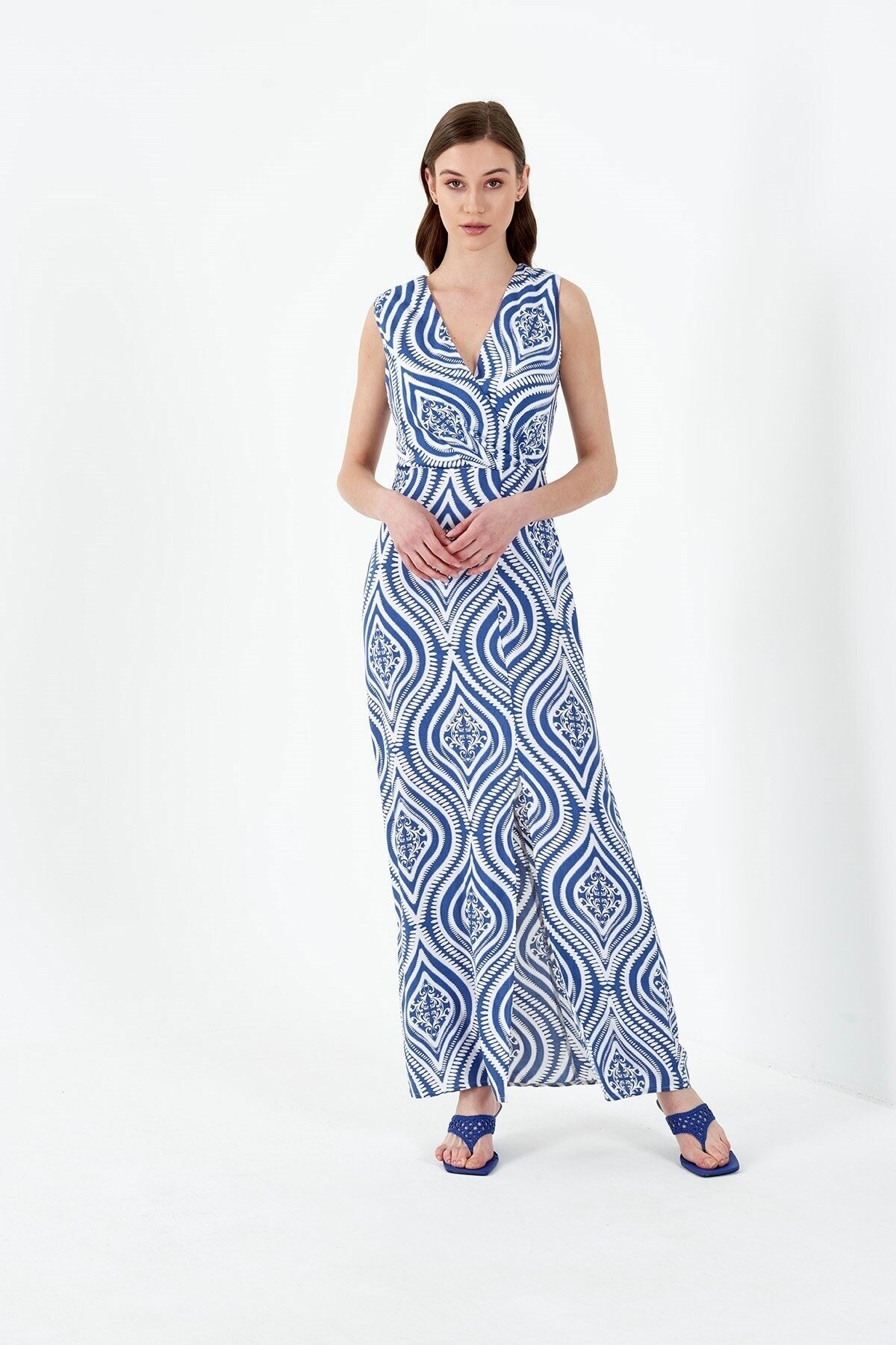 Mylace Mavi V Yaka Yırtmaçlı Uzun Elbise