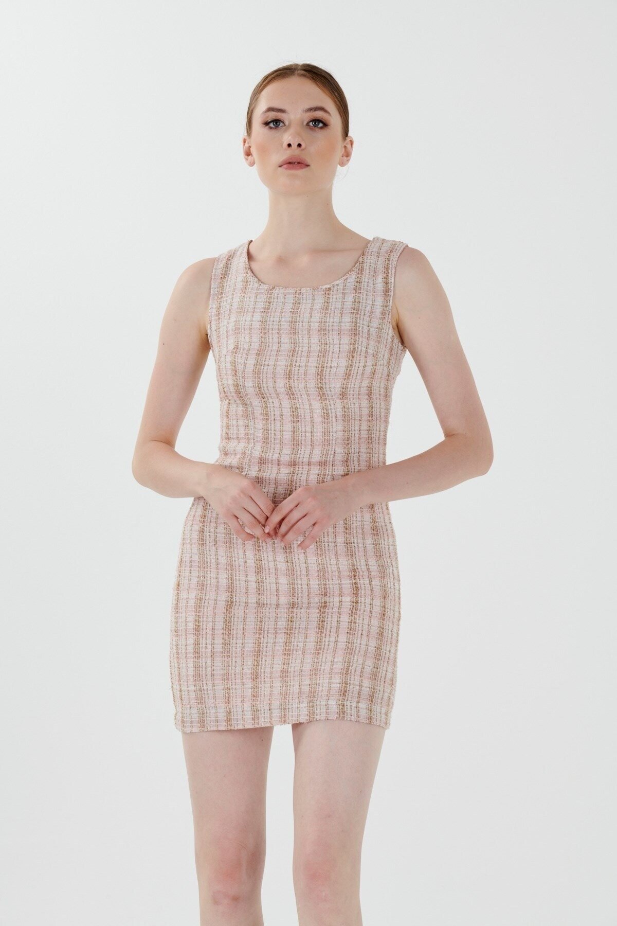 Mylace Pudra Sıfır Kol Chanel Kumaş Mini Elbise