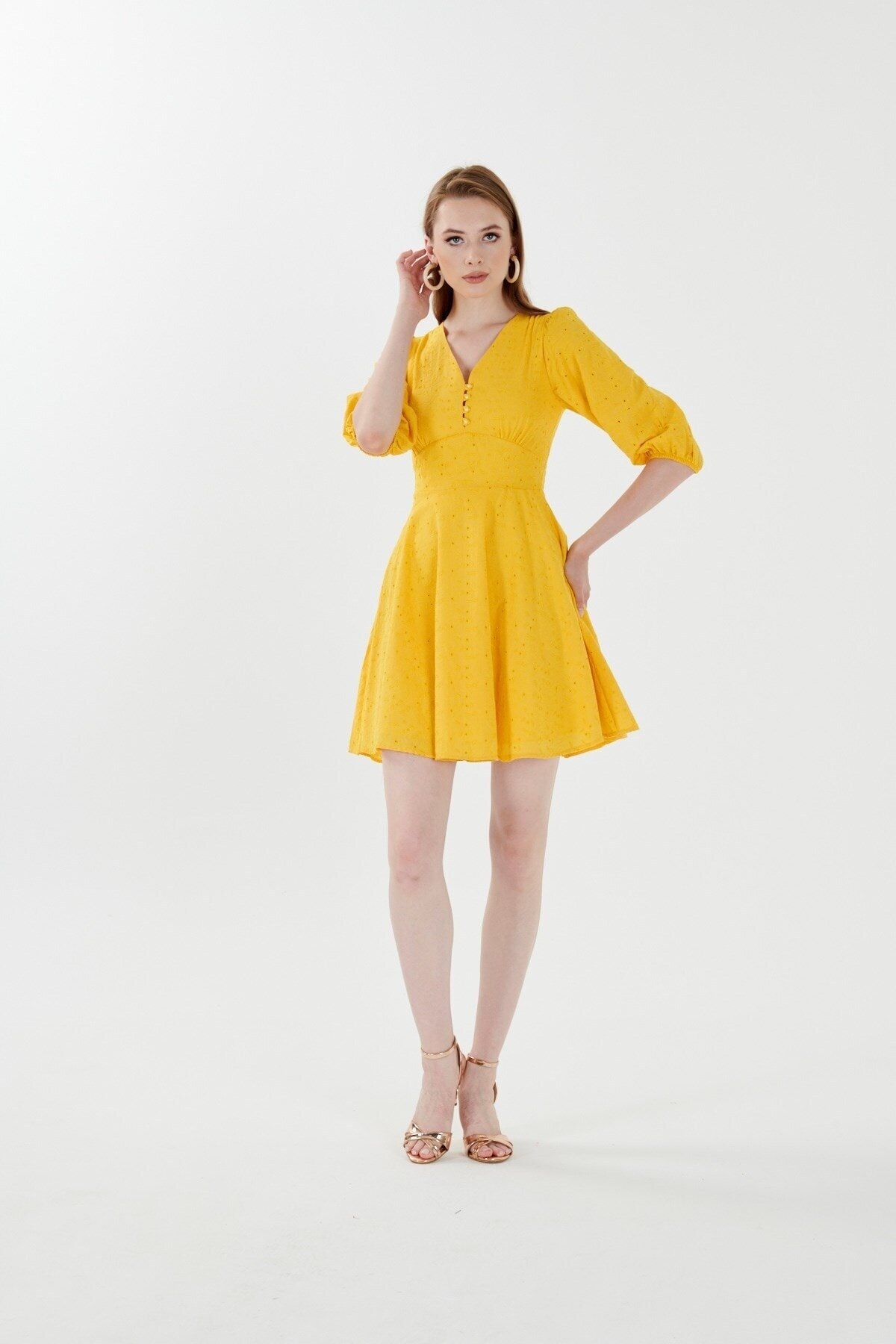 Mylace Sarı Truvakar Kol Belden Oturan Mini Elbise