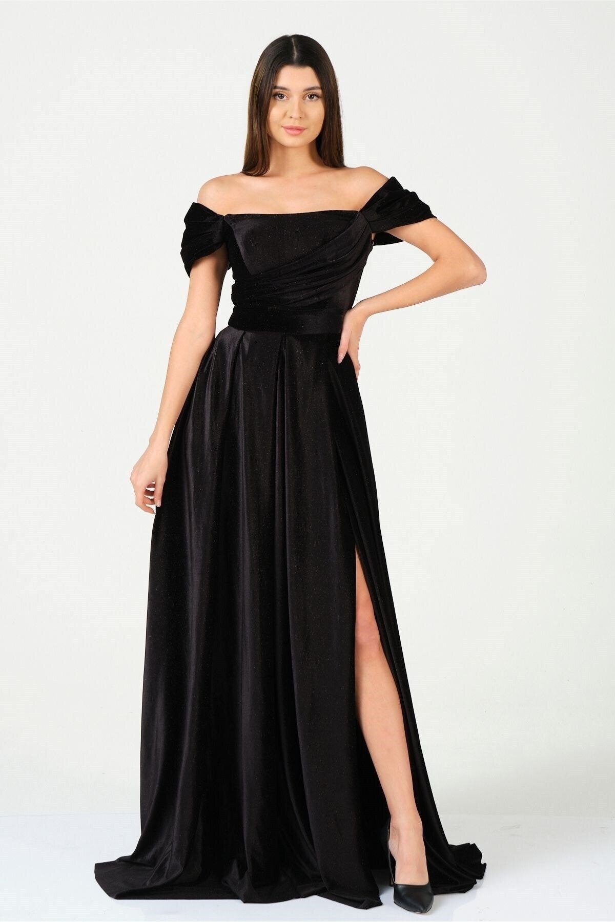 Mylace Siyah Kadife Göğüs Drape Detaylı Daire Etek Karpuz Kol Uzun Şifon Abiye Elbise