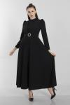 Siyah Uzun Kol Drape Detaylı Kloş Elbise