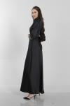 Siyah Uzun Kol Önü İşlemeli Saten Abiye Elbise