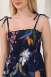Askılı Lacivert Çiçek Desenli İp Askı Midi Elbise