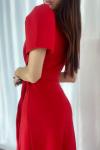 Kırmızı Krep Kumaş Kısa Kollu Kuşaklı Midi Elbise