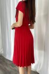 Kırmızı Krep Kumaş Pliseli Midi Elbise
