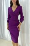 Mor Krep Kumaş Uzun Kollu Kruvaze Yaka Midi Elbise