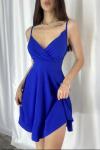 Saks Mavisi Krep Kumaş İnce Askılı Mini Kloş Elbise
