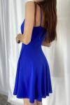 Saks Mavisi Krep Kumaş İnce Askılı Mini Kloş Elbise