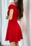 Sırt Dekolteli Kırmızı Askılı Omuz Fırfırlı Mini Elbise