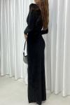 Siyah Yırtmaç Detaylı Uzun Kollu Kadife Abiye Elbise