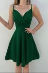 Yeşil Krep Kumaş İnce Askılı Mini Kloş Elbise