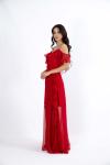 Kırmızı İp Askılı Yaka Detaylı Şifon Uzun Abiye Elbise
