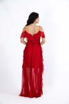 Kırmızı İp Askılı Yaka Detaylı Şifon Uzun Abiye Elbise
