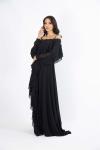 Siyah Düşük Omuz Uzun Kol Drapeli Helen Abiye Elbise