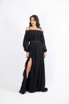 Siyah Düşük Omuz Uzun Kol Drapeli Helen Abiye Elbise