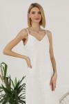 Askılı Beyaz Brode V Yaka Sıfır Kol Midi Kloş Elbise