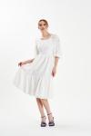 Beyaz Kare Yaka Kısa Kol Brode Midi Elbise