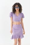 Mor Brode V Yaka Balon Kol Top Crop Fırfırlı Mini Etek Ikili Takım