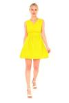 Sarı V Yaka Brode Belden Kemer Görünümlü Bele Oturan Etek Ucu Şerit Dantelli Mini Elbise