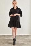 Siyah Etek Ucu Volanlı Poplin Mini Gömlek Elbise