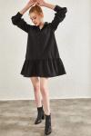 Siyah Etek Ucu Volanlı Poplin Mini Gömlek Elbise