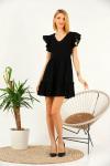 Siyah Brode V Yaka Mini Kloş Elbise