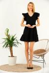 Siyah Brode V Yaka Mini Kloş Elbise