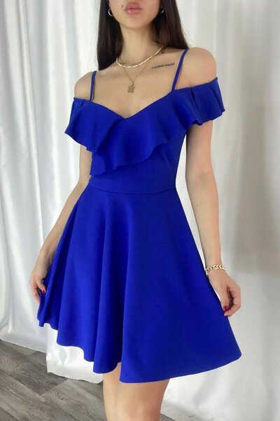 Saks Mavisi Askılı Omuz Fırfırlı Mini Elbise