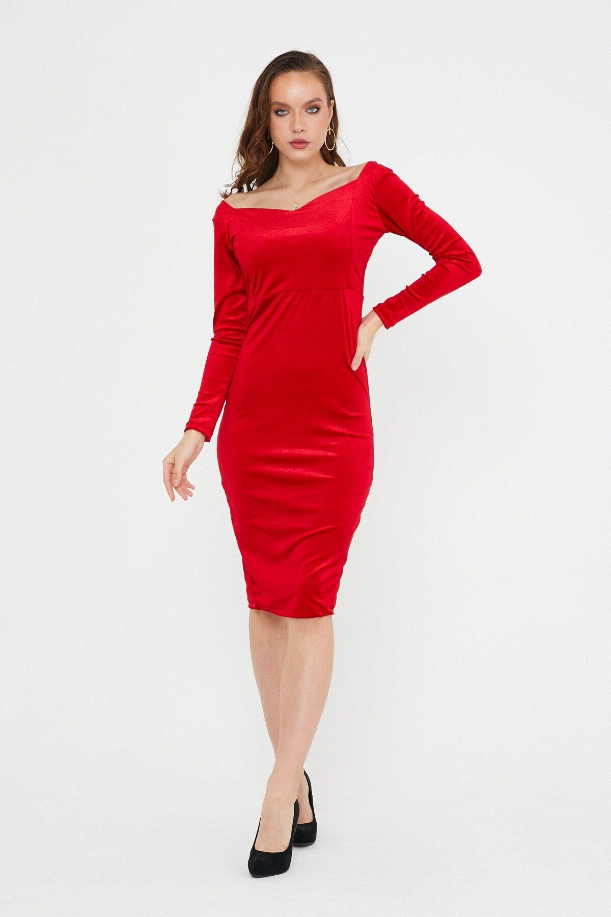 Ada Style Kırmızı Kadife Kalp Yaka Midi Elbise