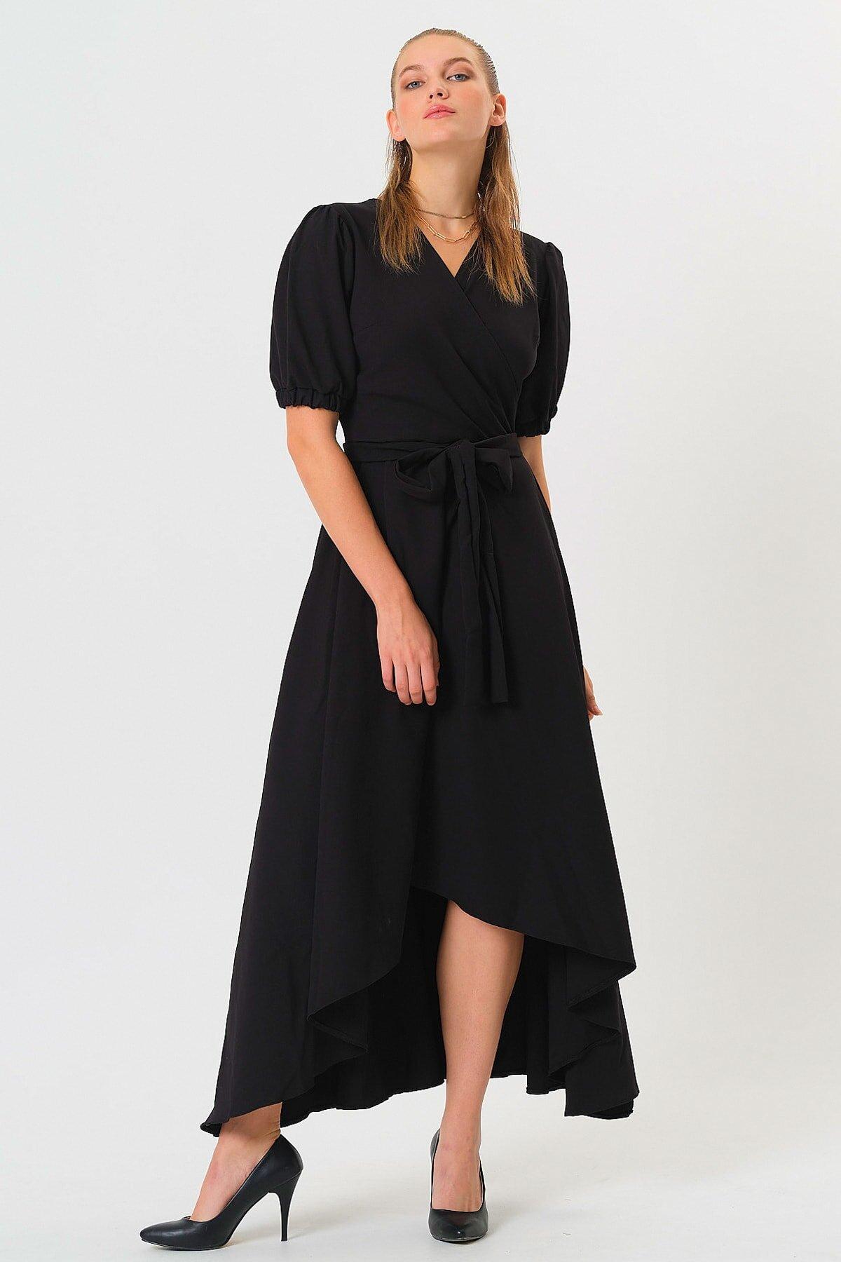 Ada Style Siyah Kruvaze Asimetrik Kesim Uzun Elbise