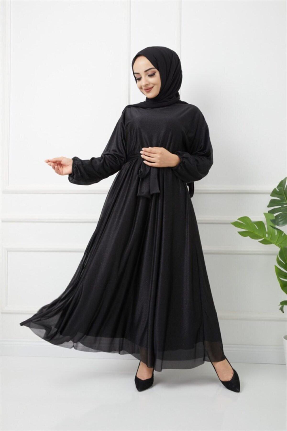 Akra Moda Siyah Simli Belden Kuşaklı Abiye Elbise