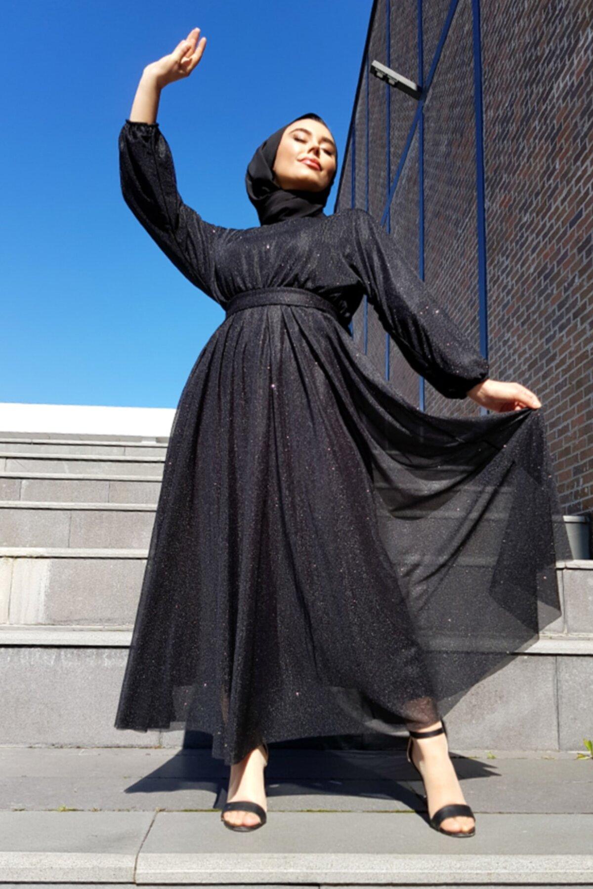 Cng Moda Siyah Simli Belden Kuşaklı Mezuniyet Abiye Elbise