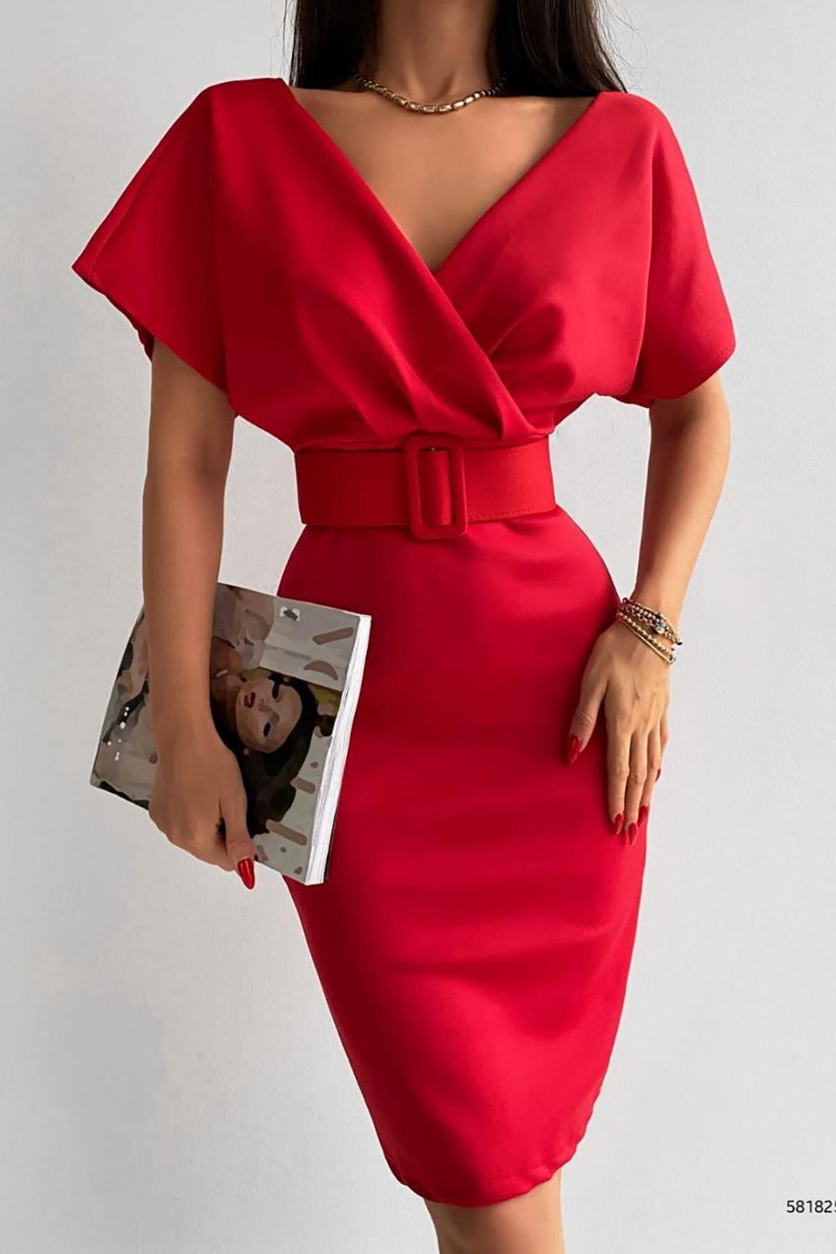 Deafox Kırmızı Kruvaze Yaka Kemerli Scuba Midi Elbise