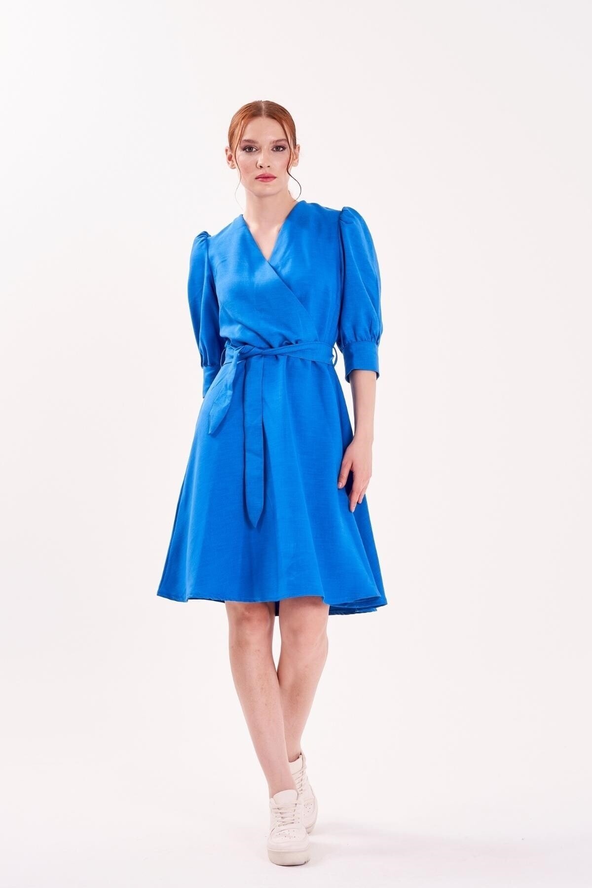 Mylace Mavi Balon Kol Kruvaze Yaka Belden Bağlamalı Midi Elbise