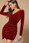 Kırmızı Asmetrik Kadife Trend Mini Elbise