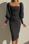 Siyah Düğme Detaylı Midi Bou Abiye Elbise