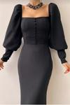 Siyah Düğme Detaylı Midi Bou Abiye Elbise