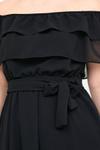 Siyah Madonna Yaka Şifon Volanlı Midi Elbise