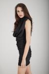 Siyah Dik Yaka Önü Degaje Yanları Büzgülü Astarlı Saten Mini Abiye Elbise