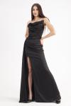 Siyah Straplez Drape Detaylı Yırtmaçlı Saten Kumaş Uzun Abiye Elbise