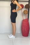 Siyah Bisiklet Yaka İp Askılı Yazlık Mini Triko Elbise