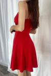 Kırmızı Krep Kumaş İnce Askılı Kloş Mini Abiye Elbise