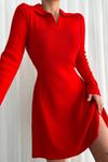Kırmızı Polo Yaka Uzun Kollu Mini Triko Elbise
