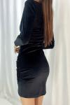 Siyah Büzgülü Kruvaze Yaka Kadife Kumaş Mini Elbise